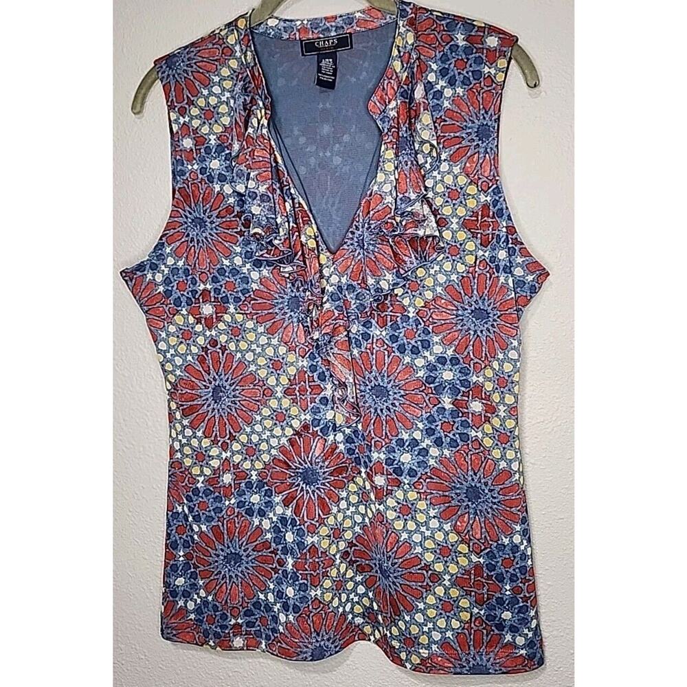 CHAPS Denim Blouse Top Womens Large Red White Blue Floral Ruffles